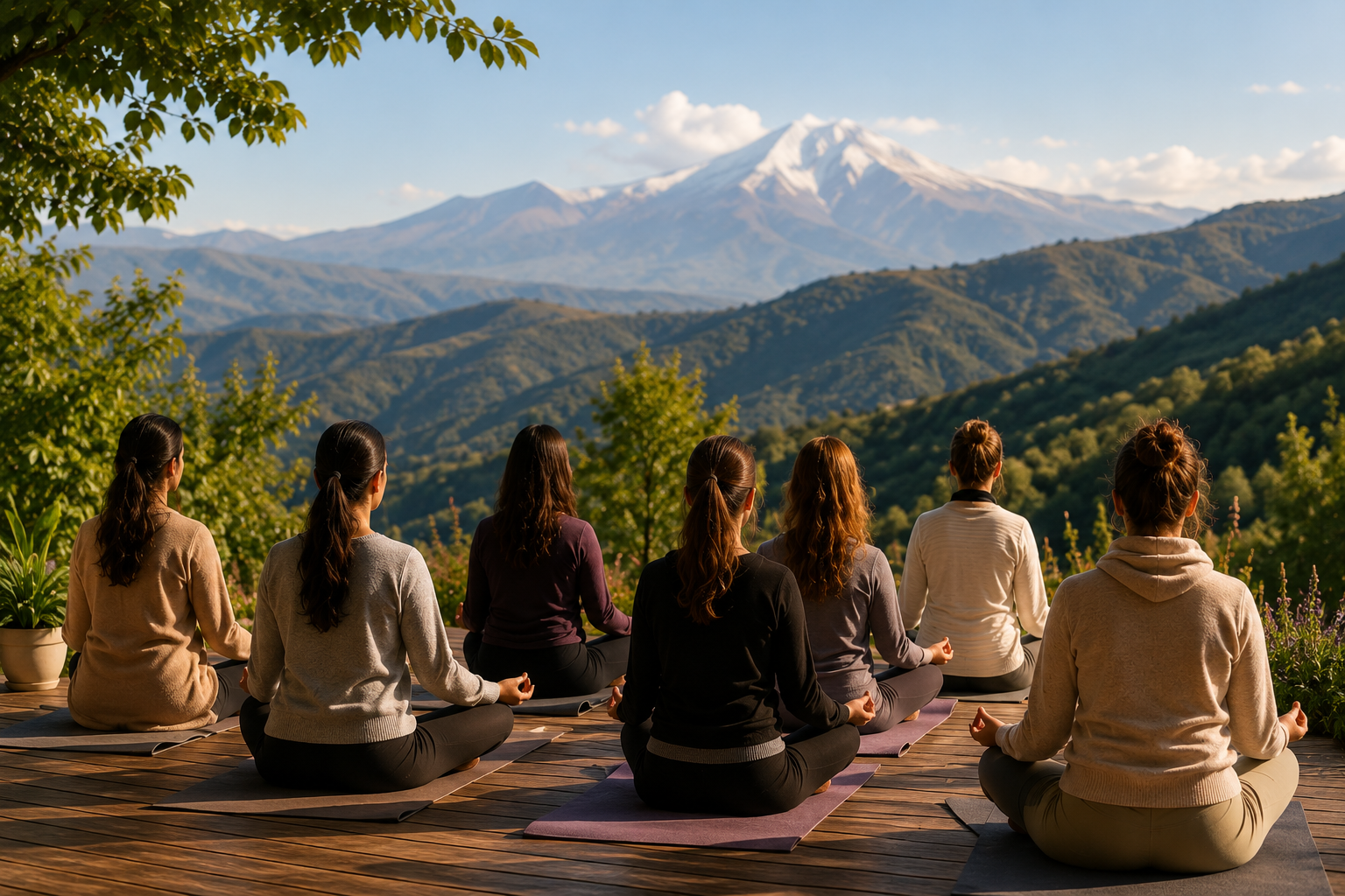 Educators in guided meditation overlooking the Armenian mountains at the ADLEA Confluence