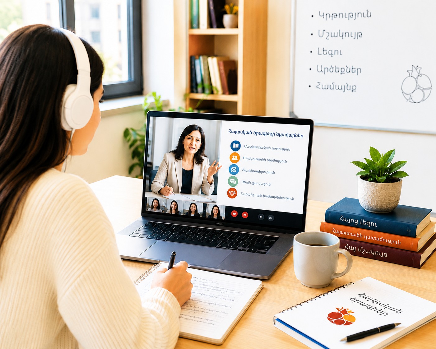A learner attending an Armenian DLI virtual class from home
